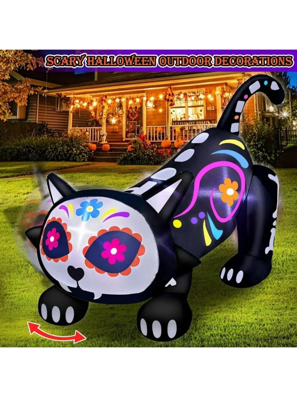 5 Ft Day of the Dead Inflatable Sugar Skull & Black Cat - Rotating Head Decor